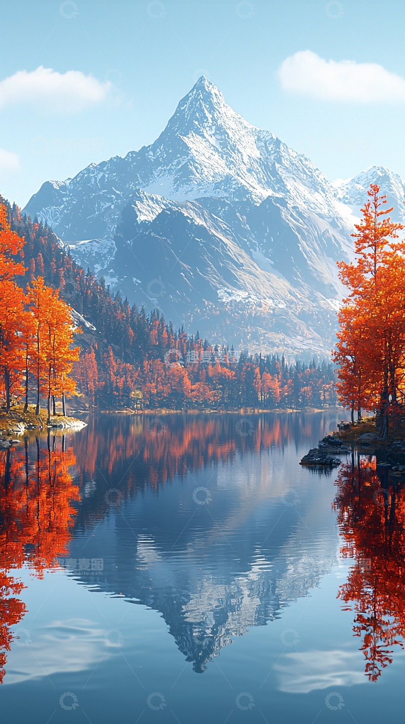 高清大图下载【趣麦麦图】秋日湖畔雪山倒影