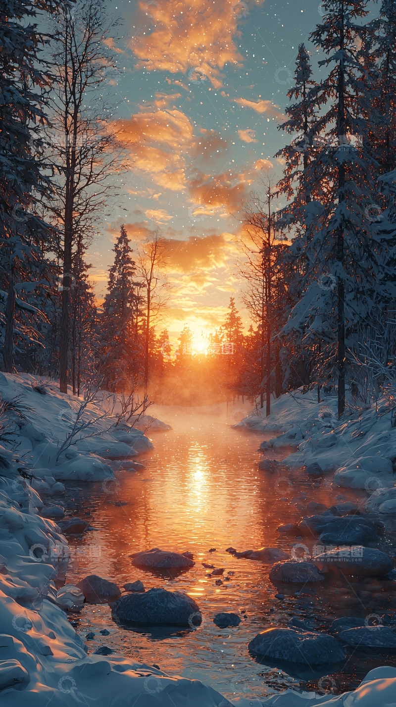 高清大图下载【趣麦麦图】冬日河流日落美景