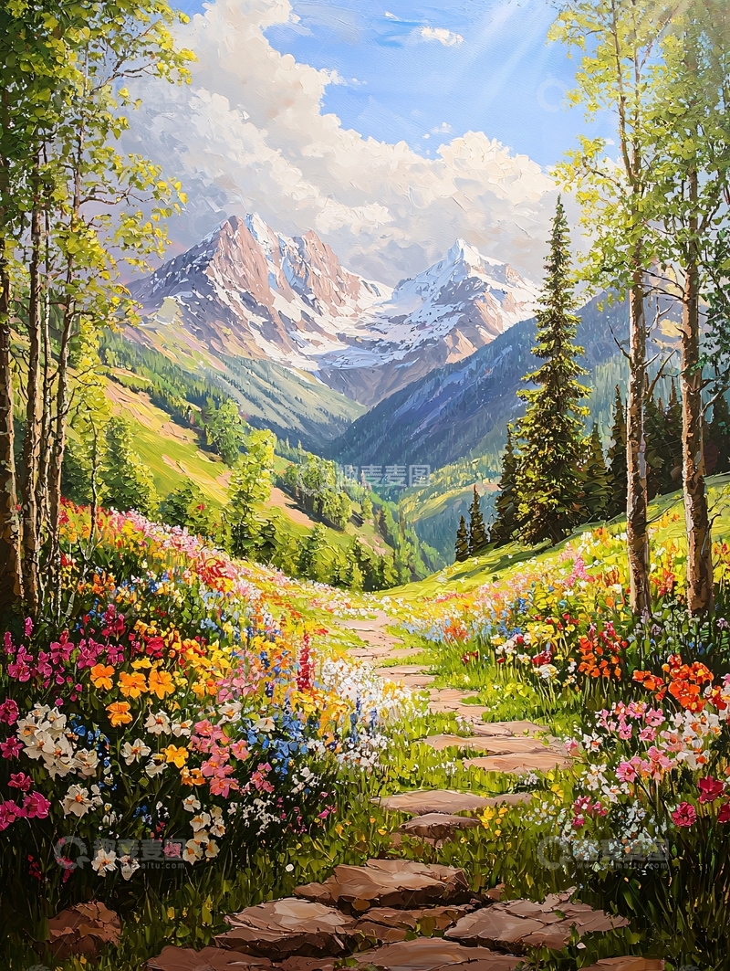 高清大图下载【趣麦麦图】鲜花盛开的山间小路