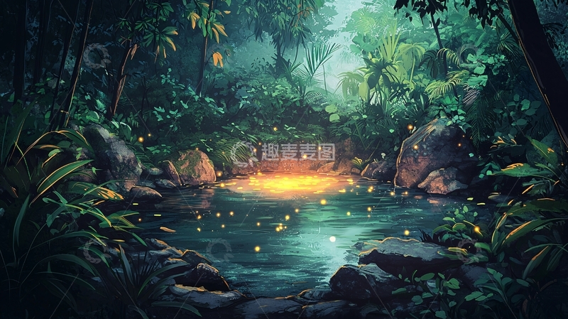 高清大图下载【趣麦麦图】静谧森林池塘萤火虫