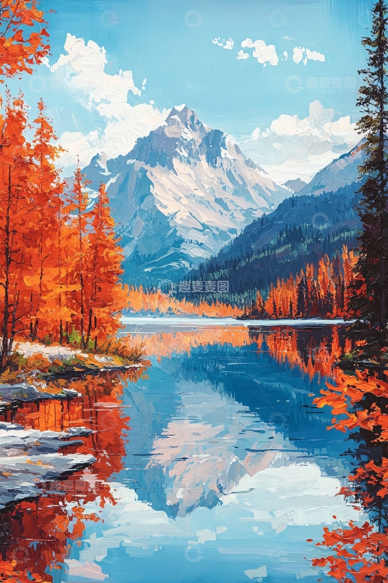 高清大图下载【趣麦麦图】秋季湖光山色风景画