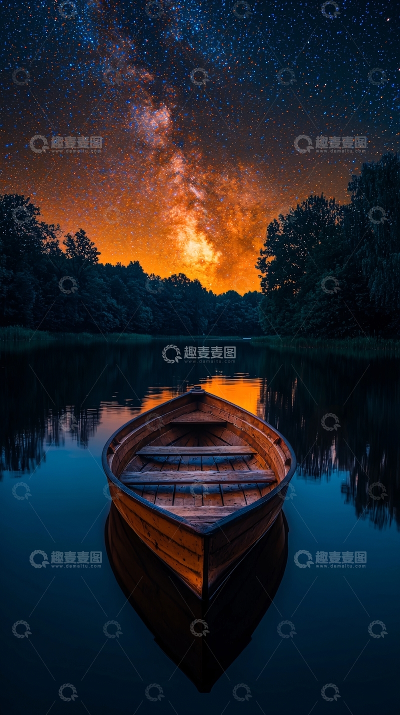 高清大图下载【趣麦麦图】星空下的湖面小船