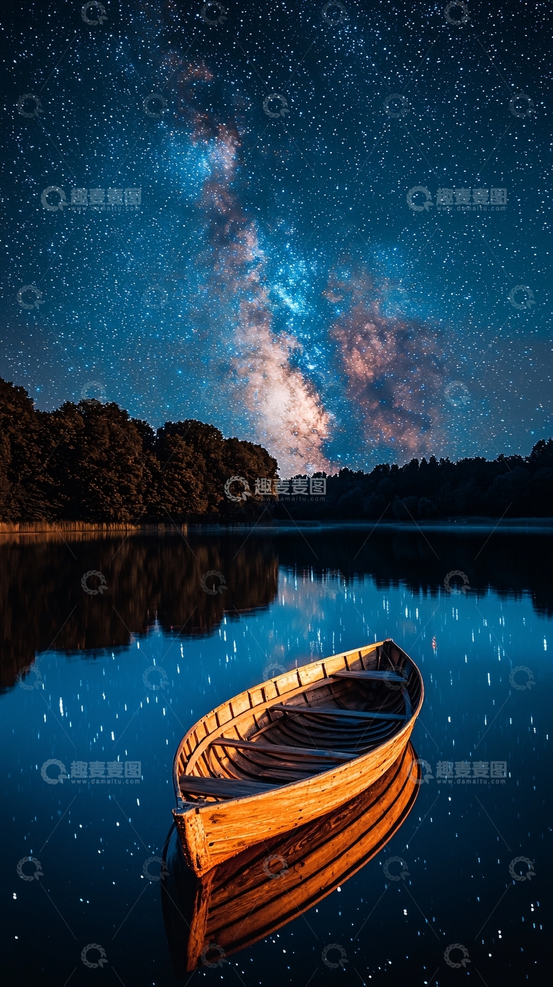 高清大图下载【趣麦麦图】星空下的湖面小船