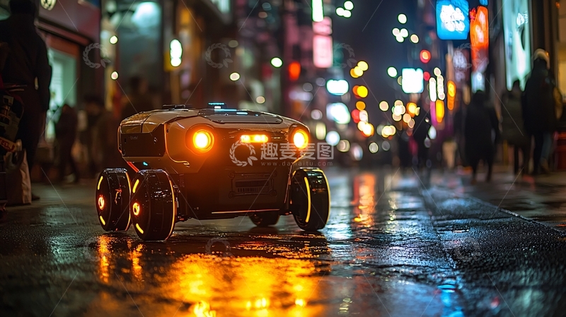 高清大图下载【趣麦麦图】夜晚街道送货机器人