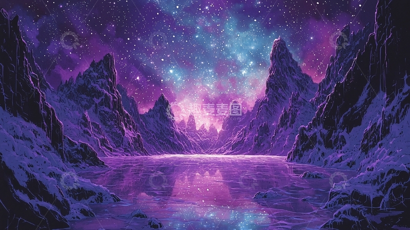 高清大图下载【趣麦麦图】紫色星空下的宁静湖泊