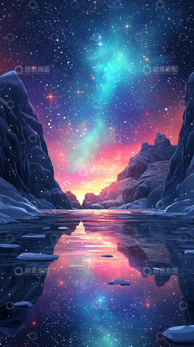 高清大图下载【趣麦麦图】极光下的雪山峡谷