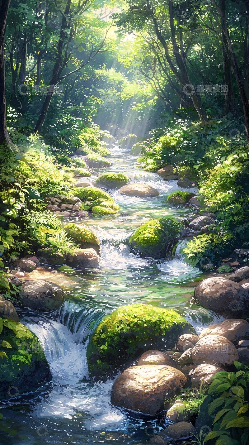 高清大图下载【趣麦麦图】森林小溪阳光明媚