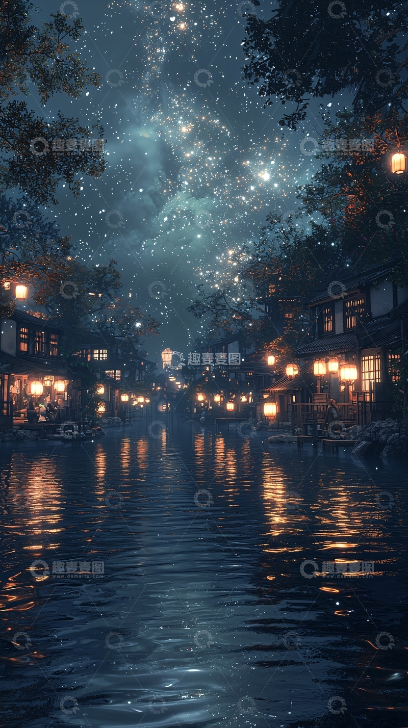 高清大图下载【趣麦麦图】星空下的古镇夜景