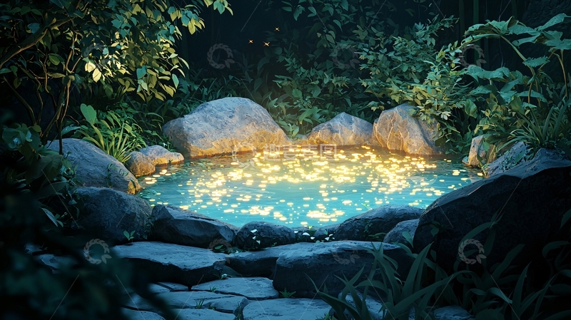 高清大图下载【趣麦麦图】夜晚森林小水池