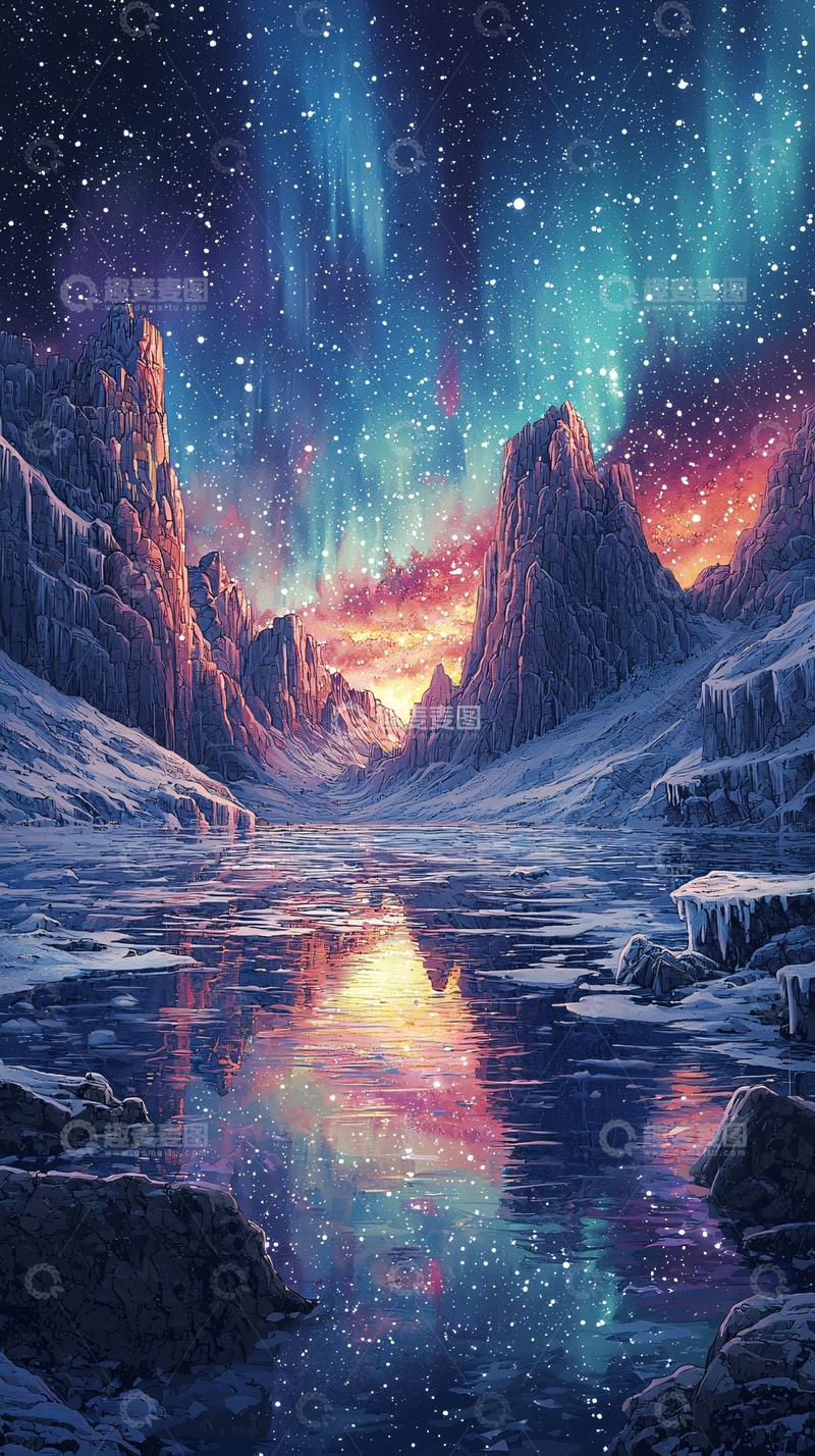 高清大图下载【趣麦麦图】极光雪山倒影
