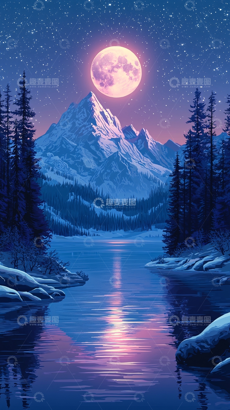 高清大图下载【趣麦麦图】月夜下的山和湖泊