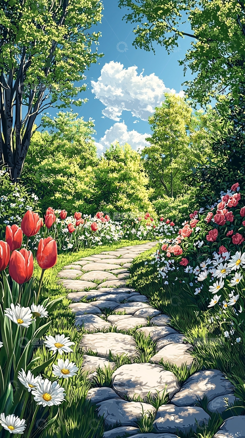 高清大图下载【趣麦麦图】花园小路郁金香盛开