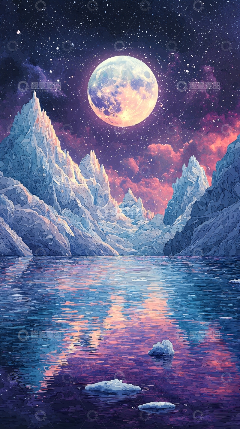 高清大图下载【趣麦麦图】冰山倒影的月夜星空