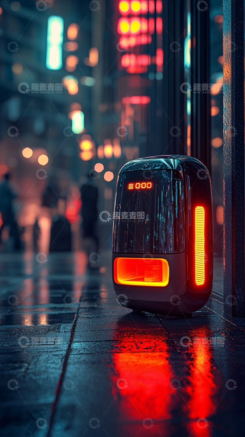高清大图下载【趣麦麦图】夜晚都市街道上的智能机器人