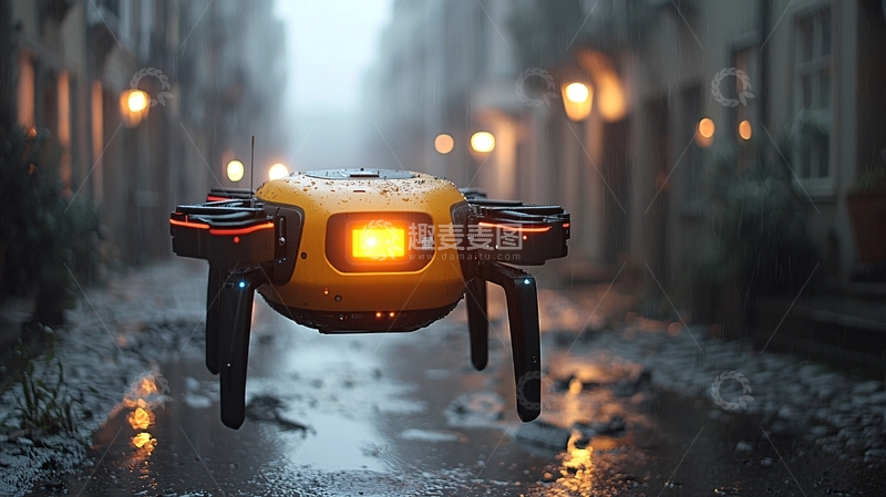 高清大图下载【趣麦麦图】黄色无人机雨夜街道