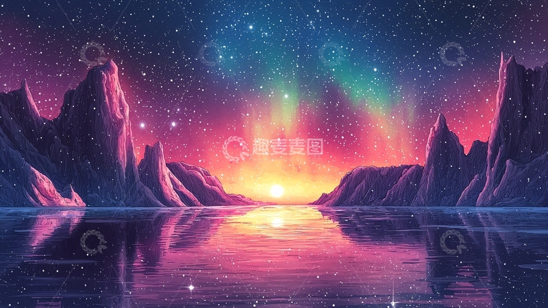 高清大图下载【趣麦麦图】极光下的梦幻星球