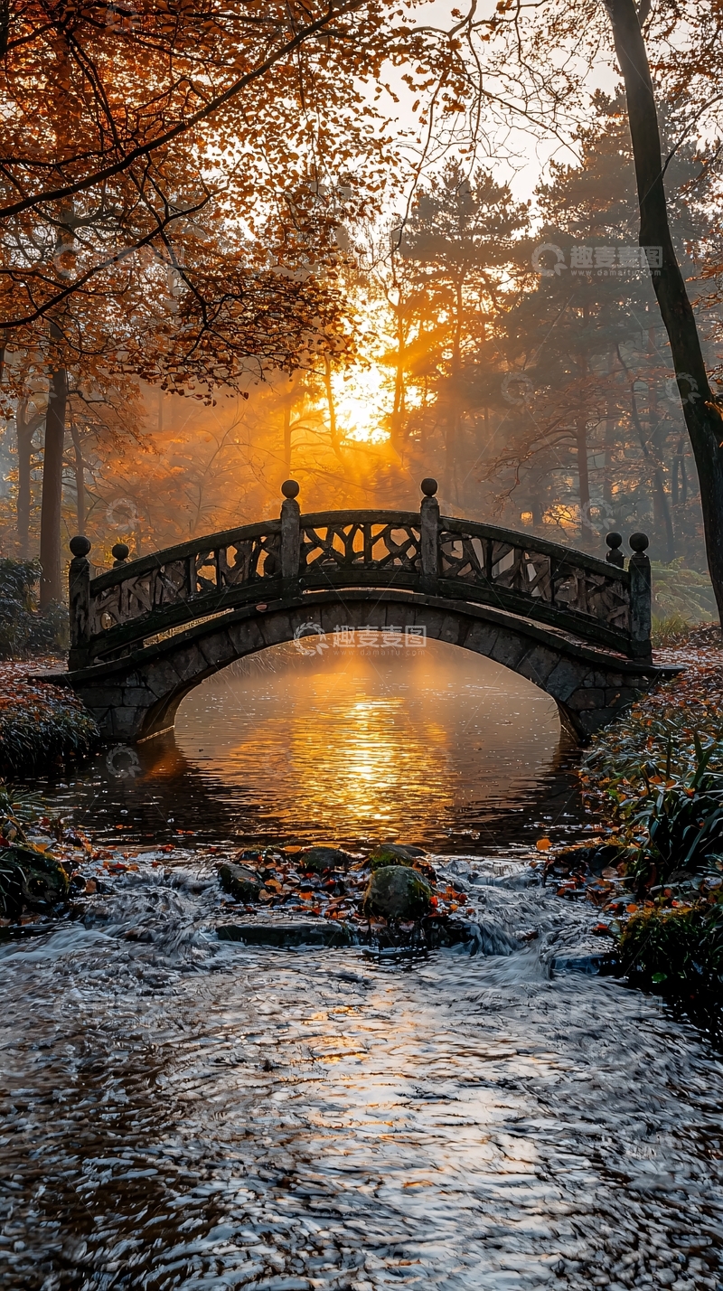 高清大图下载【趣麦麦图】秋日清晨雾气小桥流水