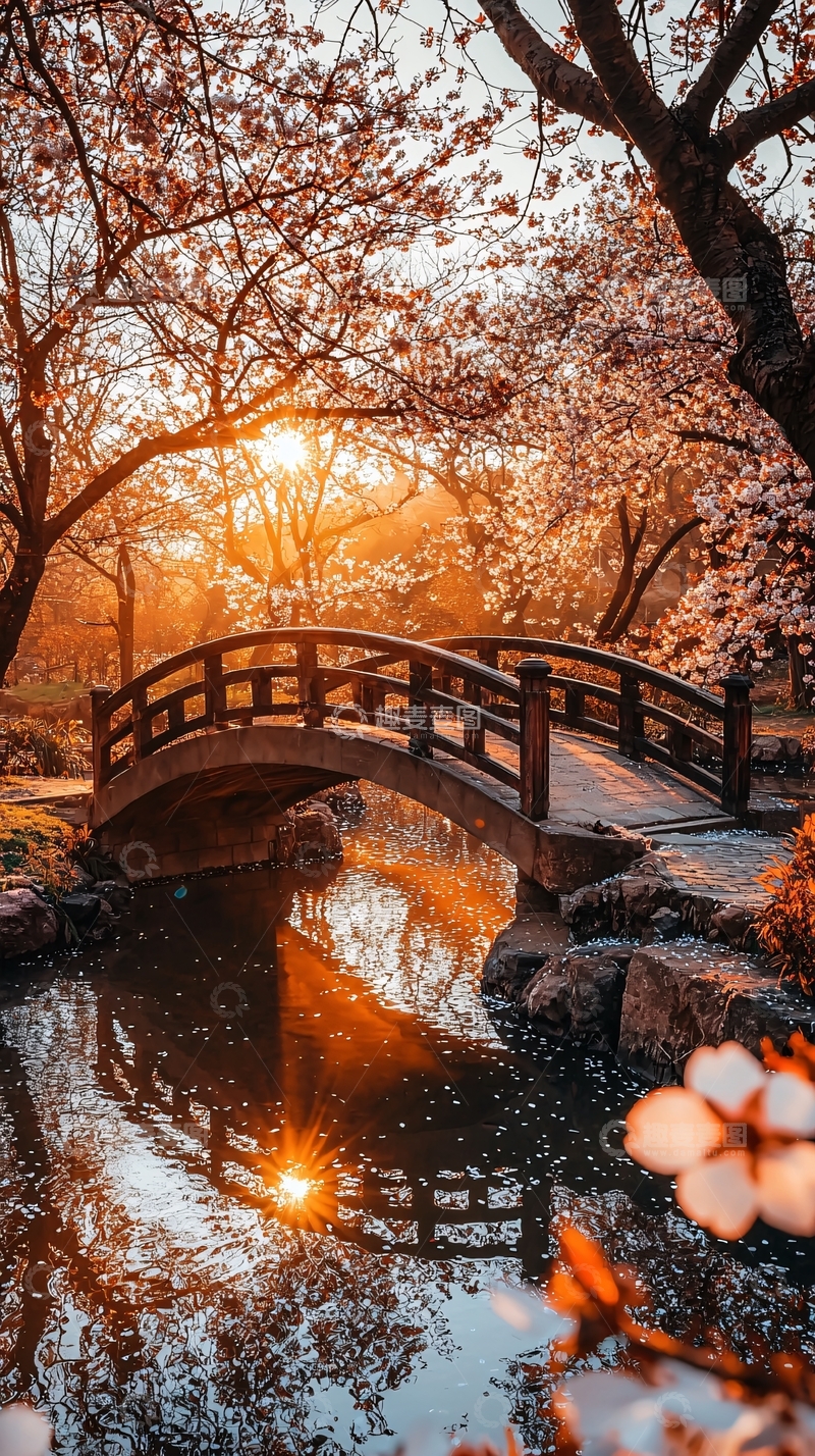 高清大图下载【趣麦麦图】日落小桥流水樱花
