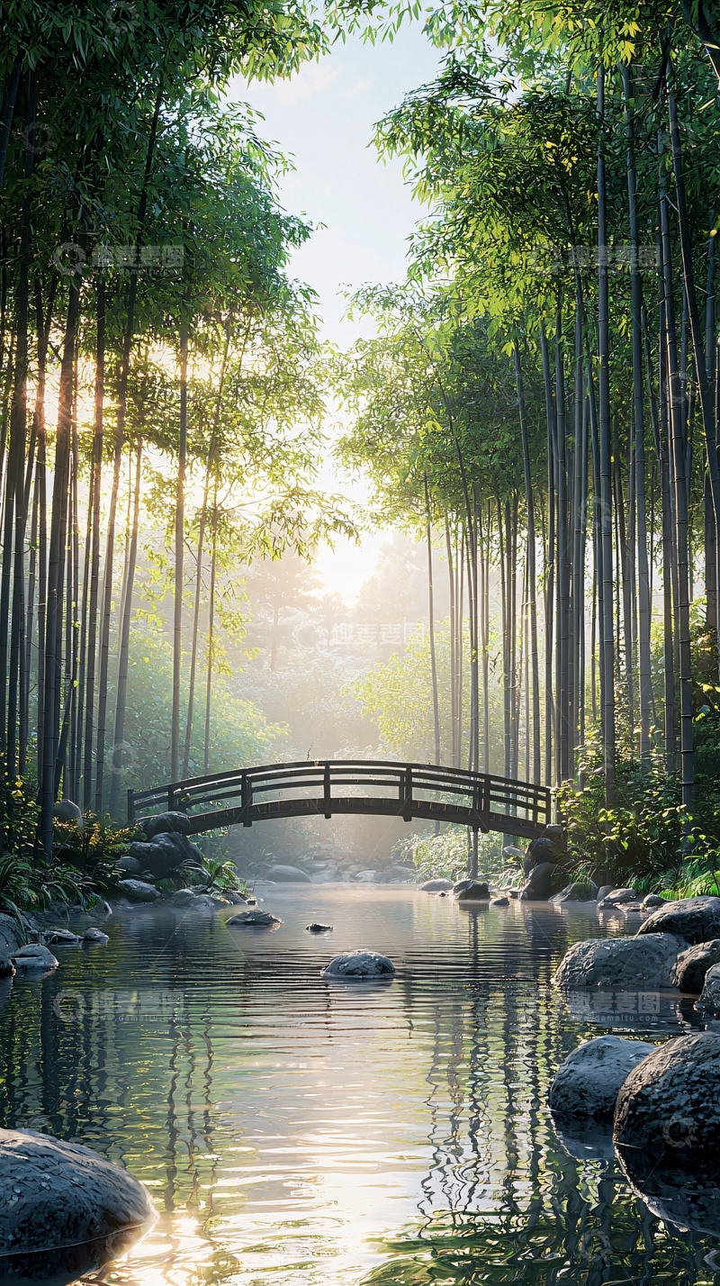高清大图下载【趣麦麦图】竹林小桥流水阳光