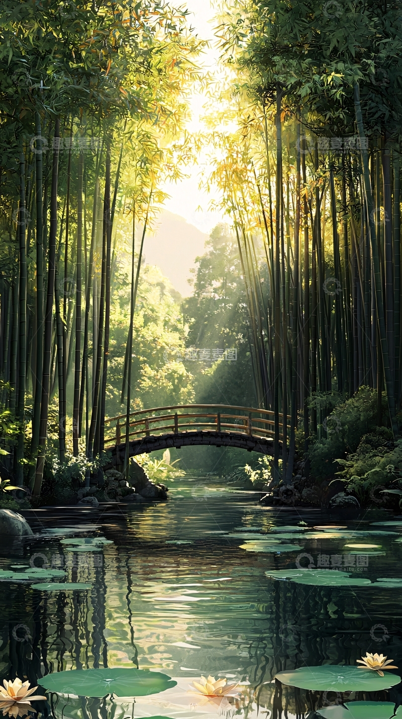 高清大图下载【趣麦麦图】竹林小桥流水