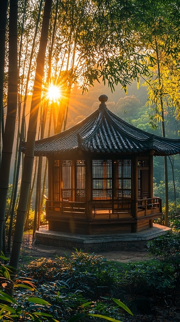 竹林日出亭台