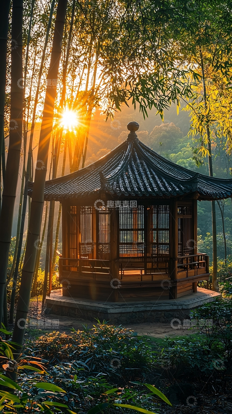 高清大图下载【趣麦麦图】竹林日出亭台