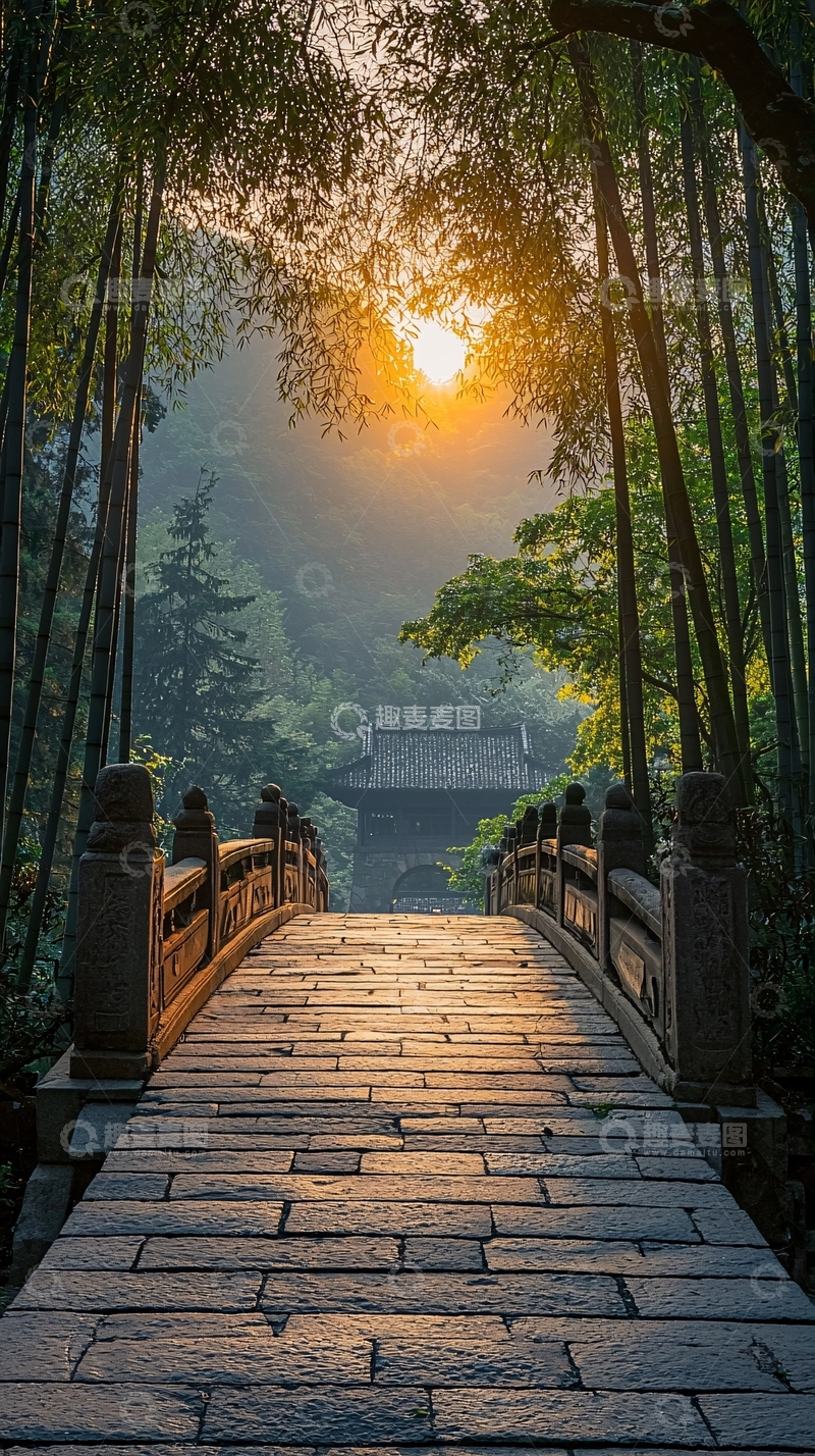 高清大图下载【趣麦麦图】清晨竹林石桥