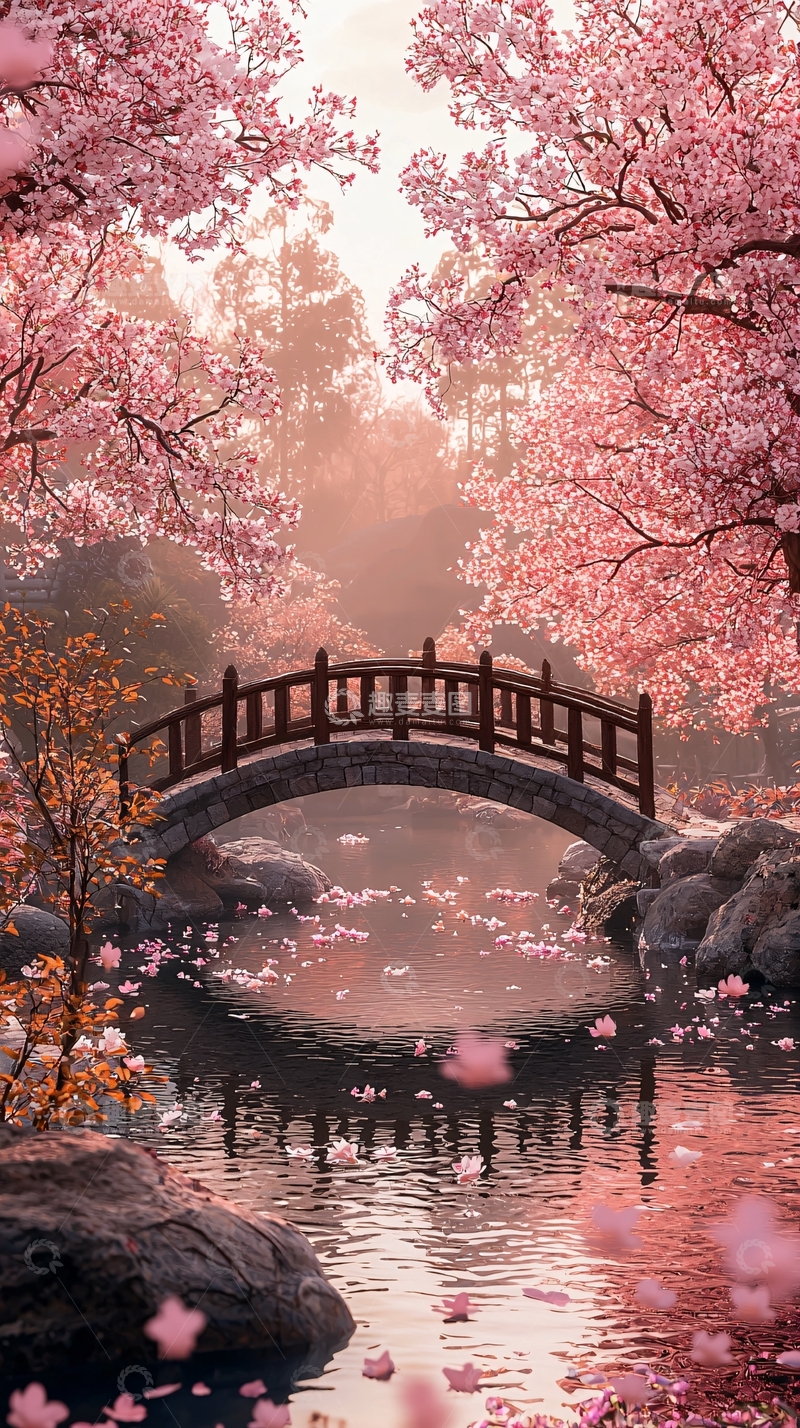 高清大图下载【趣麦麦图】粉色樱花树下的石桥
