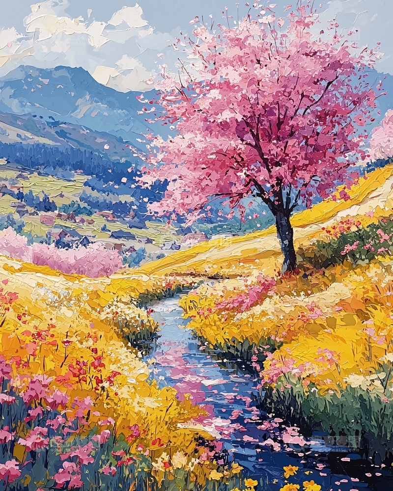 高清大图下载【趣麦麦图】粉色花树下的溪流