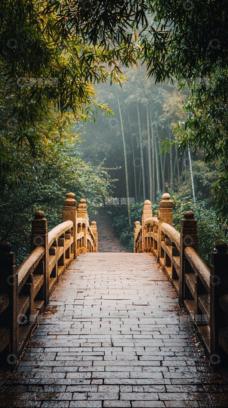 高清大图下载【趣麦麦图】雾气缭绕的竹林小桥