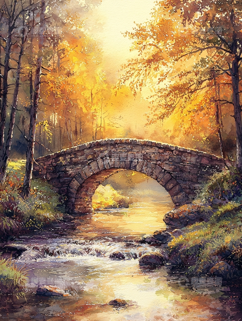 高清大图下载【趣麦麦图】秋日暖阳下的石桥溪流