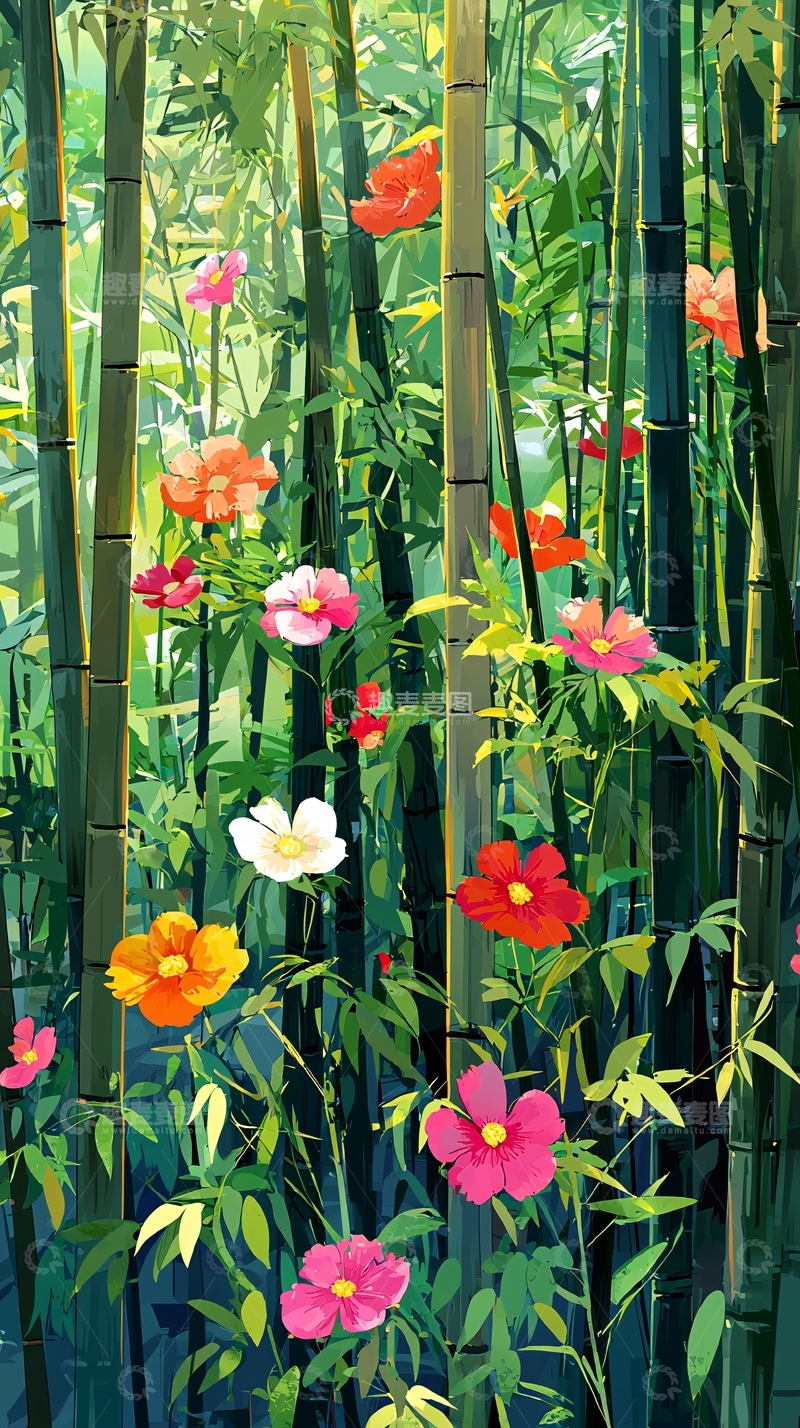 高清大图下载【趣麦麦图】竹林花卉小清新风格