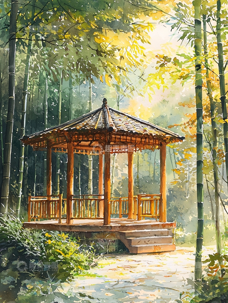 高清大图下载【趣麦麦图】水彩画凉亭竹林