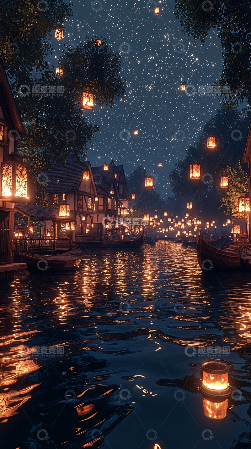高清大图下载【趣麦麦图】夜空下的梦幻水城