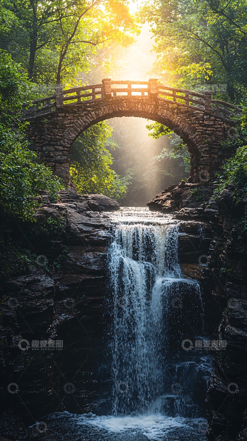 高清大图下载【趣麦麦图】森林瀑布石桥