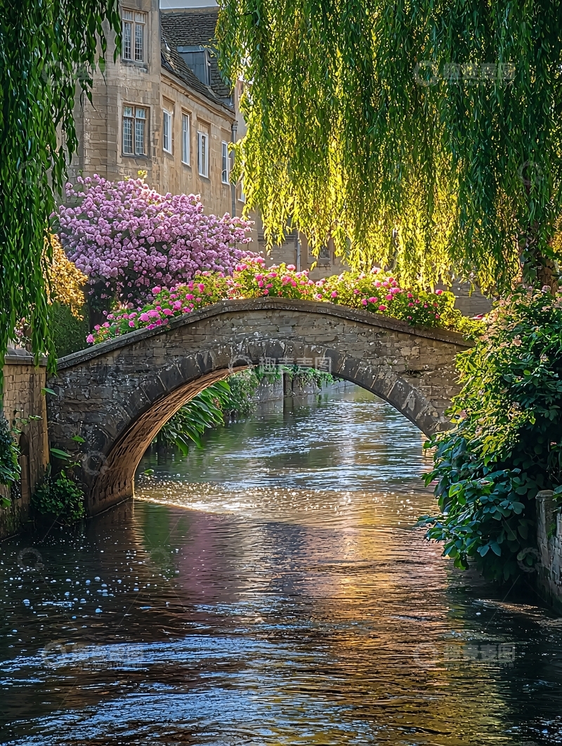 高清大图下载【趣麦麦图】石桥流水两岸绿树繁花