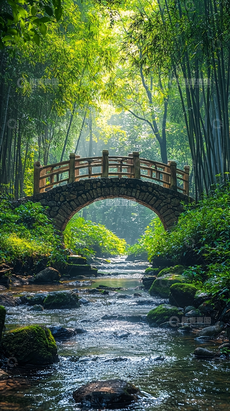 高清大图下载【趣麦麦图】绿色森林小桥流水人家