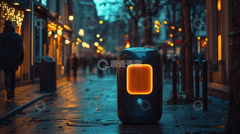 高清大图下载【趣麦麦图】夜晚街道智能垃圾桶