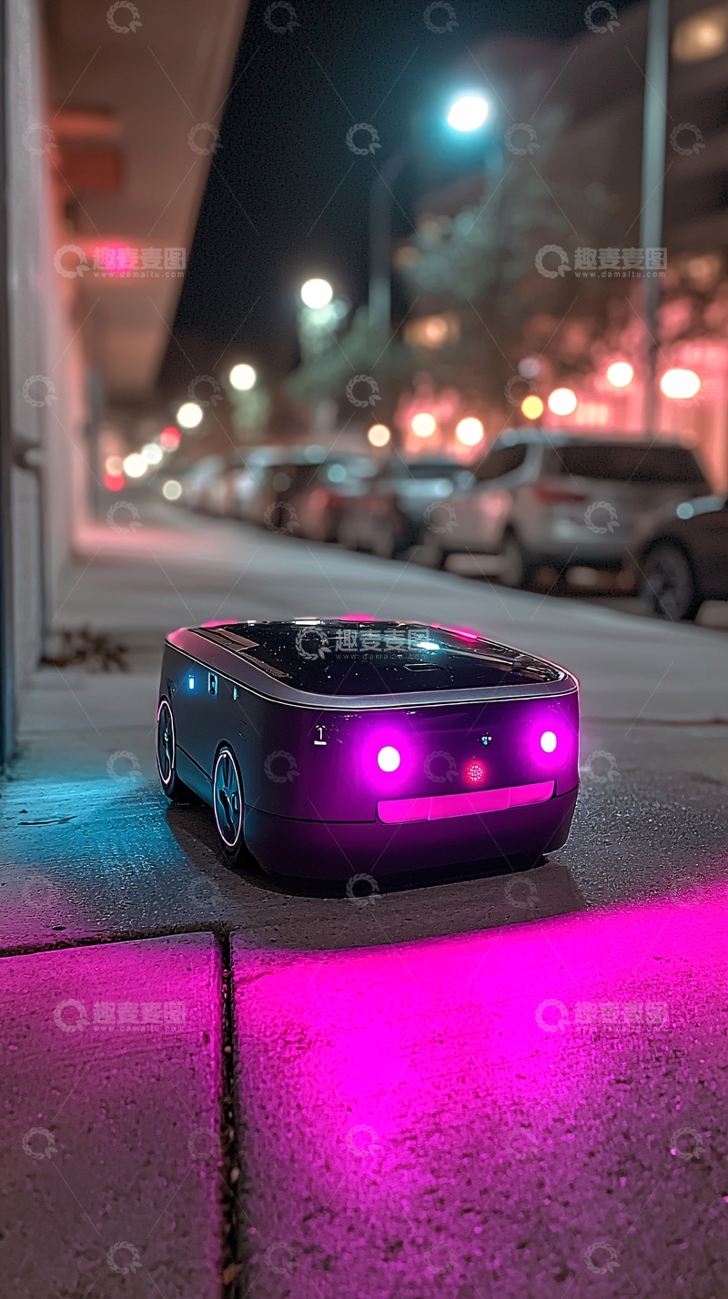高清大图下载【趣麦麦图】夜晚街道上的自动驾驶小车