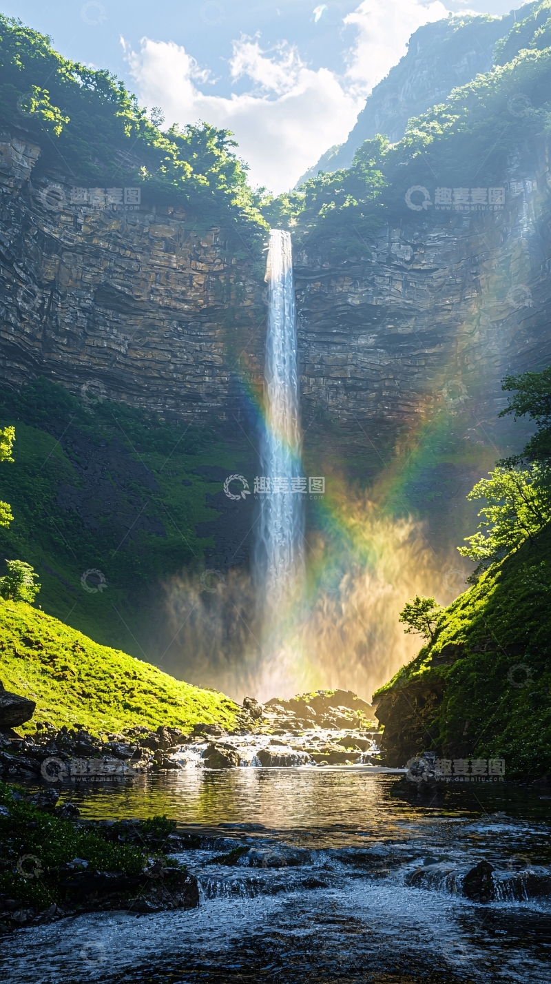 高清大图下载【趣麦麦图】壮丽瀑布彩虹光辉