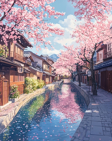 樱花飘落的小镇街道