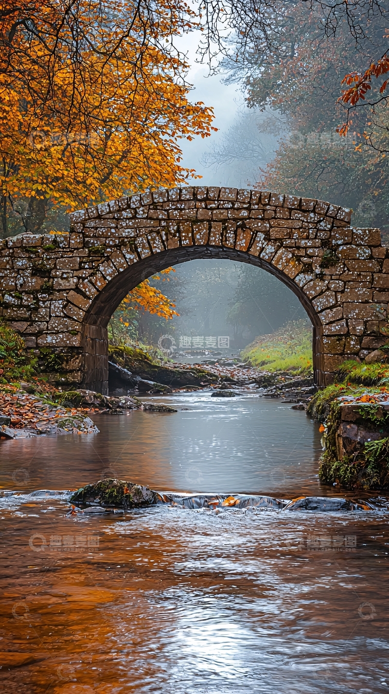 高清大图下载【趣麦麦图】石桥流水秋色