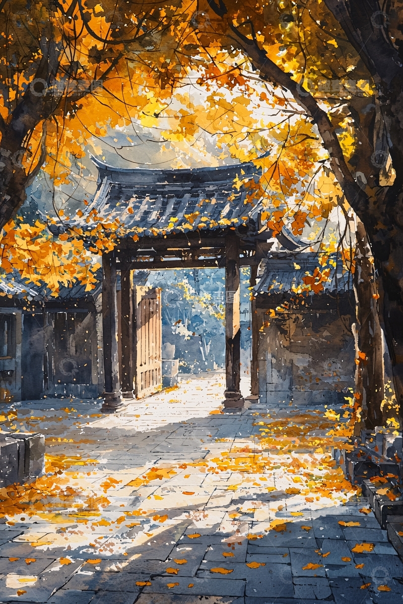 高清大图下载【趣麦麦图】秋日古风庭院水彩画