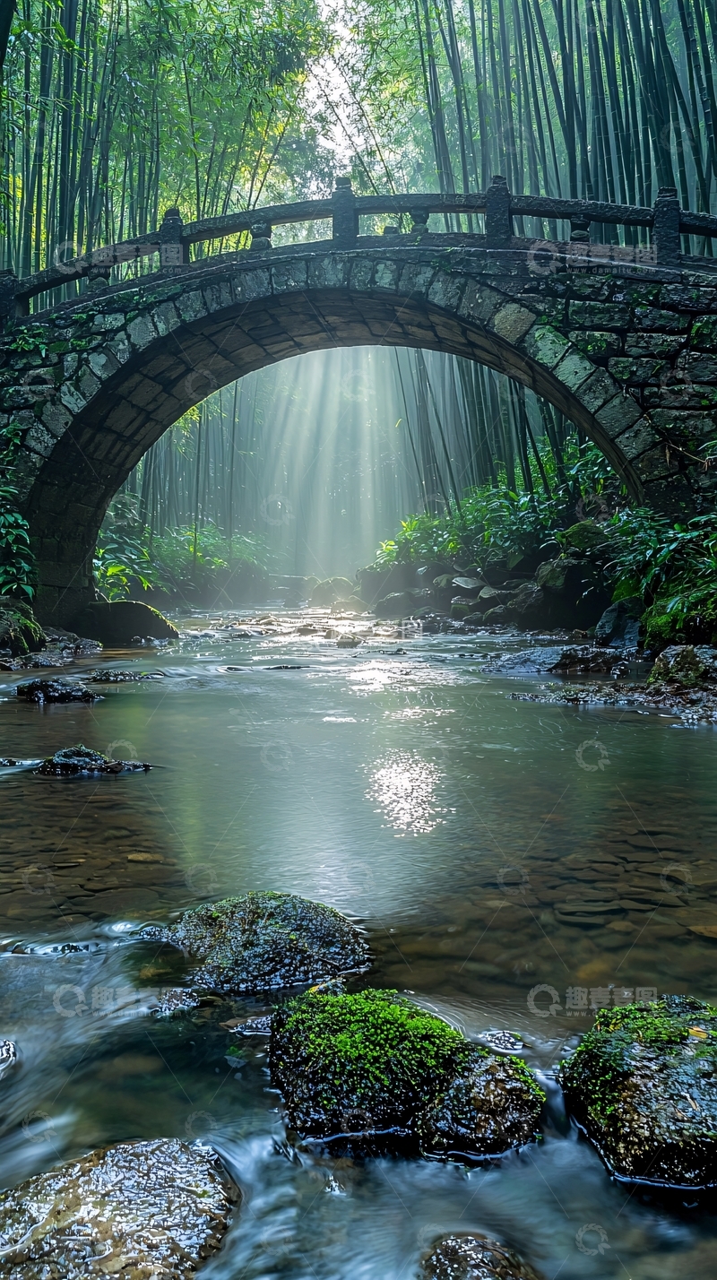 高清大图下载【趣麦麦图】竹林溪流石桥阳光