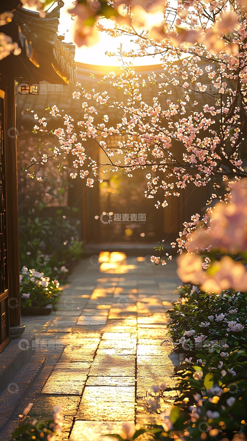 高清大图下载【趣麦麦图】阳光下的中式庭院花树