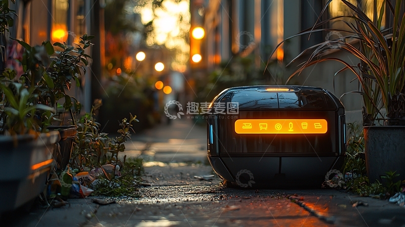 高清大图下载【趣麦麦图】黄昏街道上的黑色机器人
