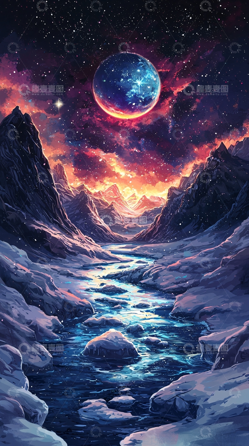 高清大图下载【趣麦麦图】奇幻雪山星空河流