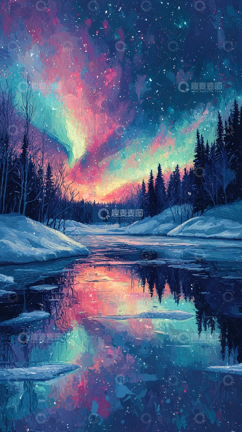 高清大图下载【趣麦麦图】极光倒影雪景森林