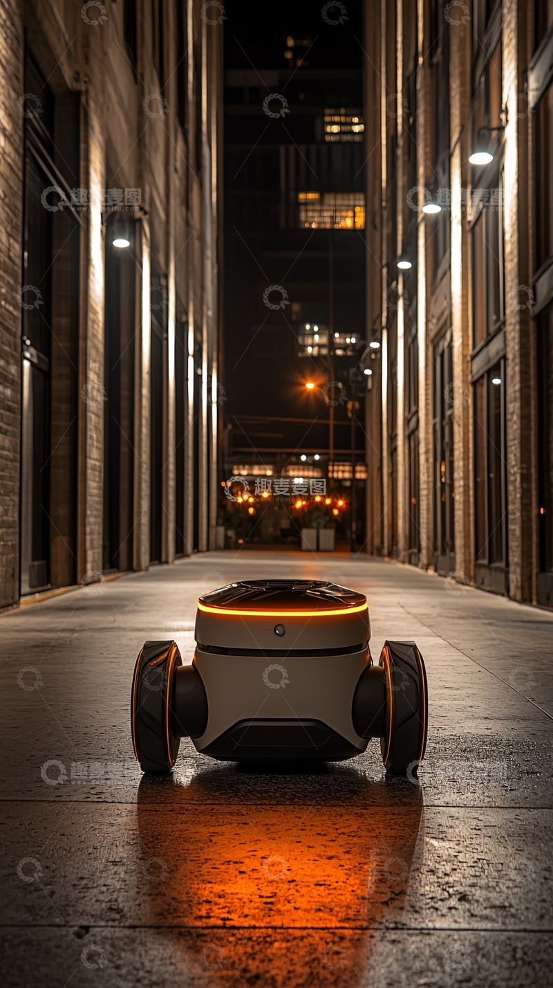 高清大图下载【趣麦麦图】夜间城市街道上的自动驾驶机器人