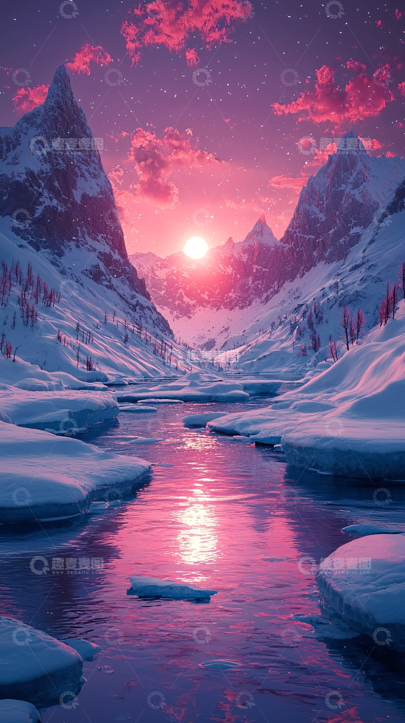 高清大图下载【趣麦麦图】粉色雪山日落